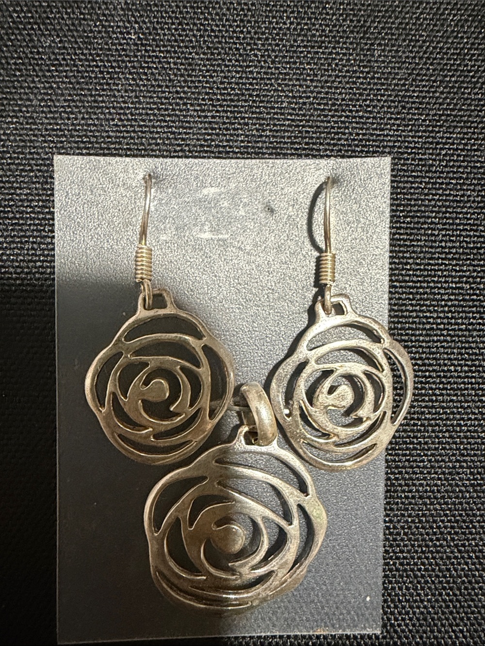Mexican Silver 925 Rose Cutout Pendant and Earrings Set